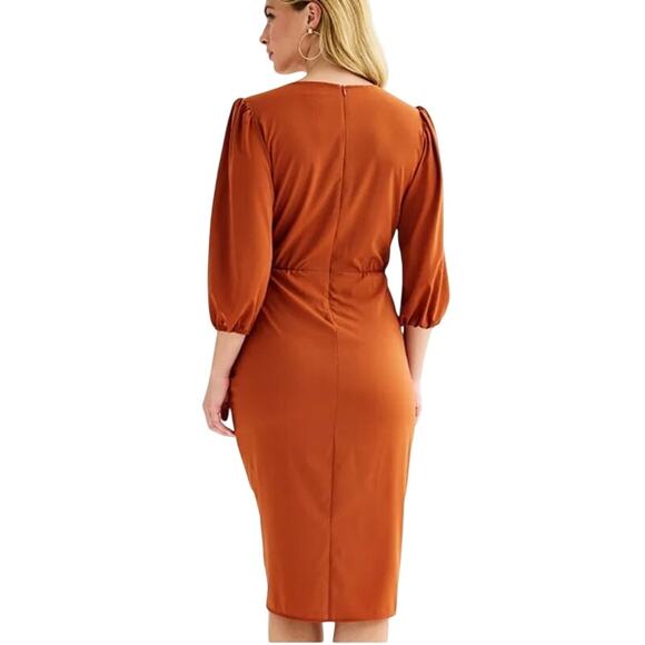 Maison Tara Sienna Brown Sheath Dress 16 Asymmetric Ruch Neutral Party Glam NWT - Picture 2 of 16